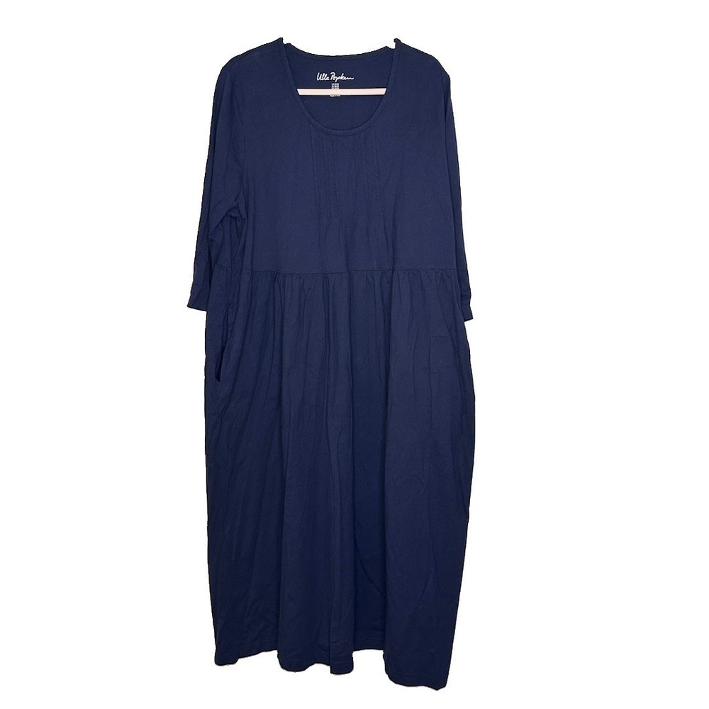 Ulla Popken Sz 20/22 Pin Tuck Navy Blue Maxi Dress Cotton 3/4 Sleeves Modest